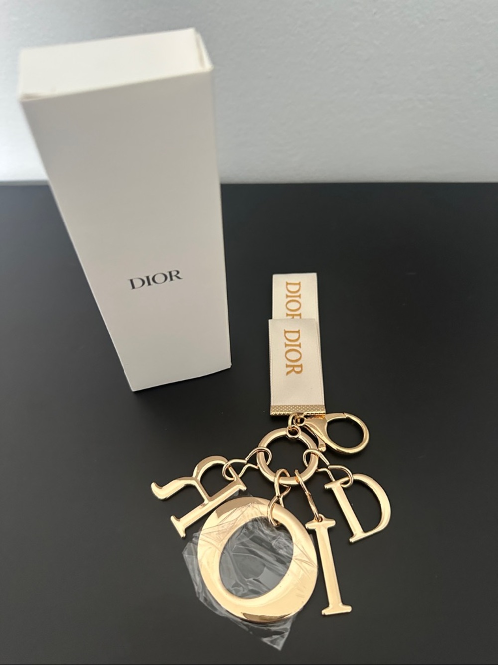 Dior Gold Letter Charm Keyring with White Logo Strap Bag Charm in Box. - Picture 2 of 3